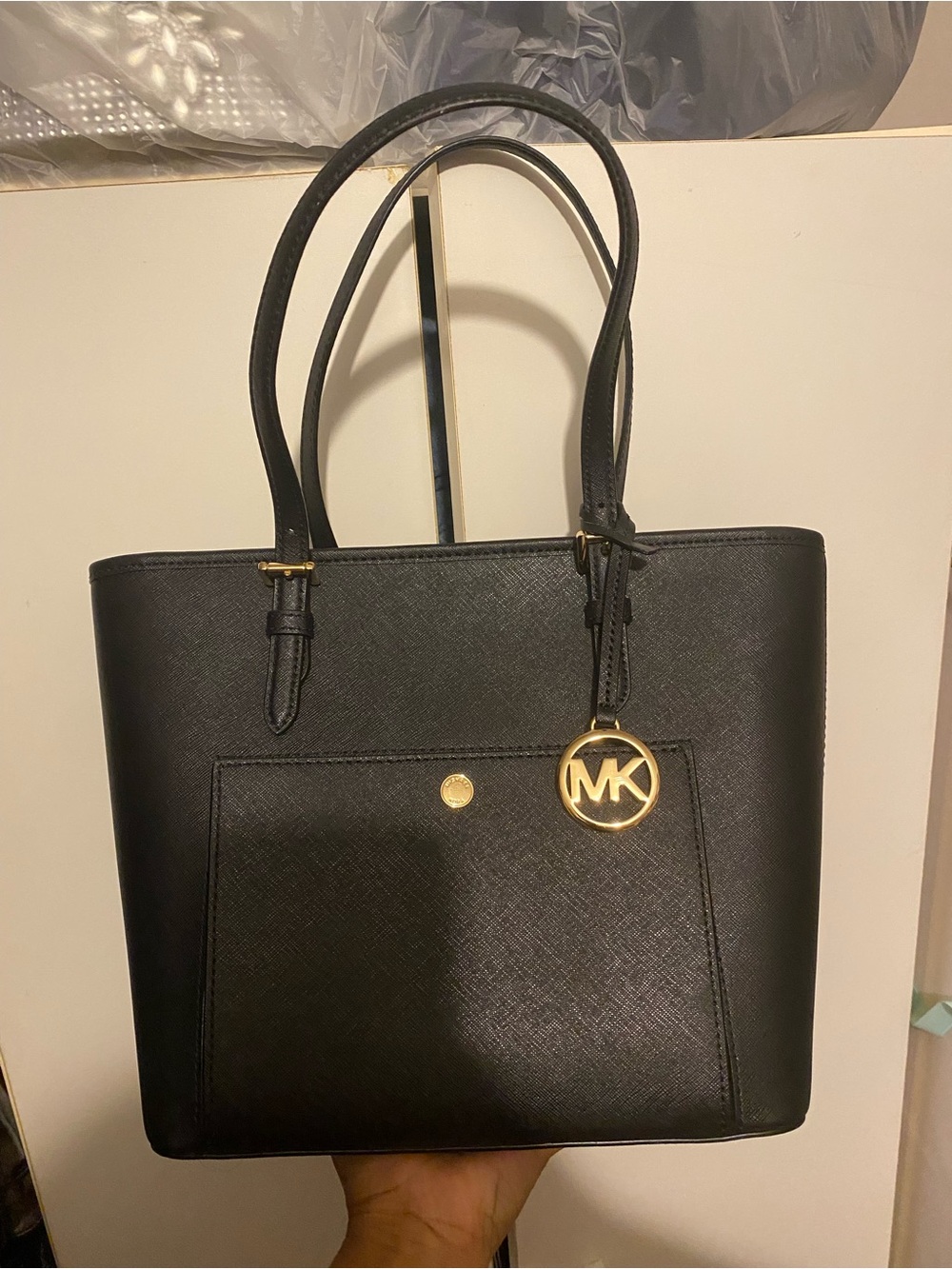 Michael Kors Black Saffiano Tote with Gold MK Charm